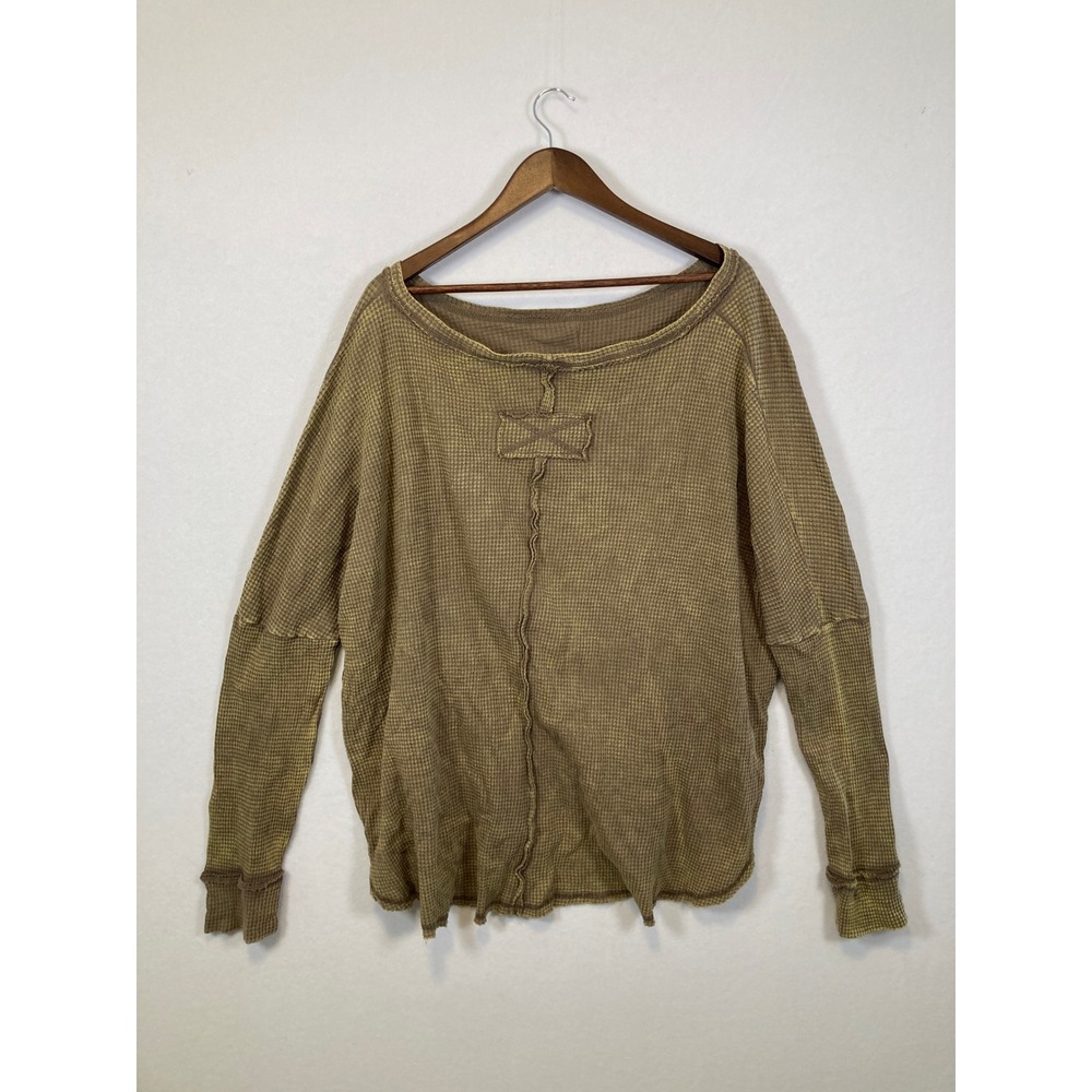 Zenana Womens Plus Size 1X/2X Waffle Knit Thermal Top Olive Green Oversized - Picture 3 of 8